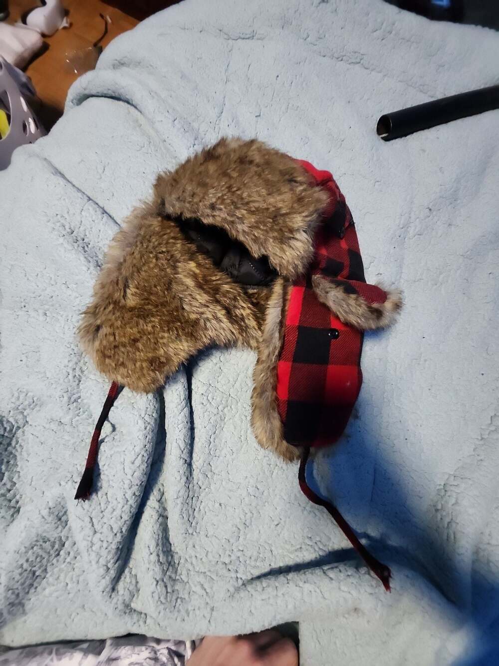 Red and Black Buffalo Plaid Faux Fur Trapper Hat Aviator Bomber